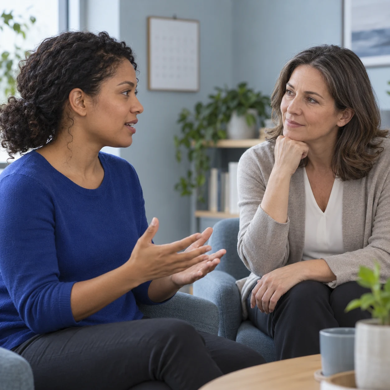 A fictional adult woman speaks with a clinician during a quiet follow-up conversation.