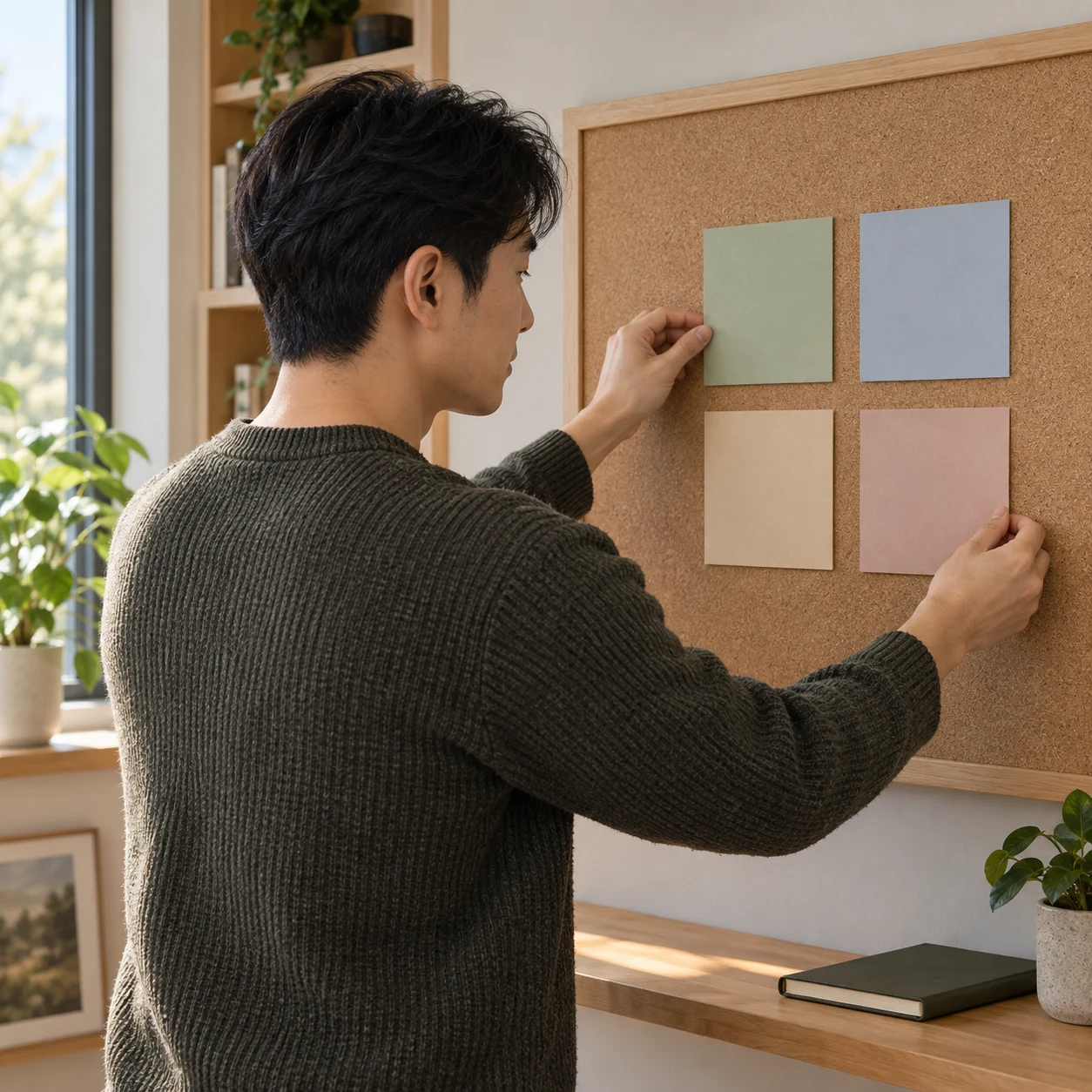 A fictional adult learner arranges four blank cards on a board in a quiet study room.