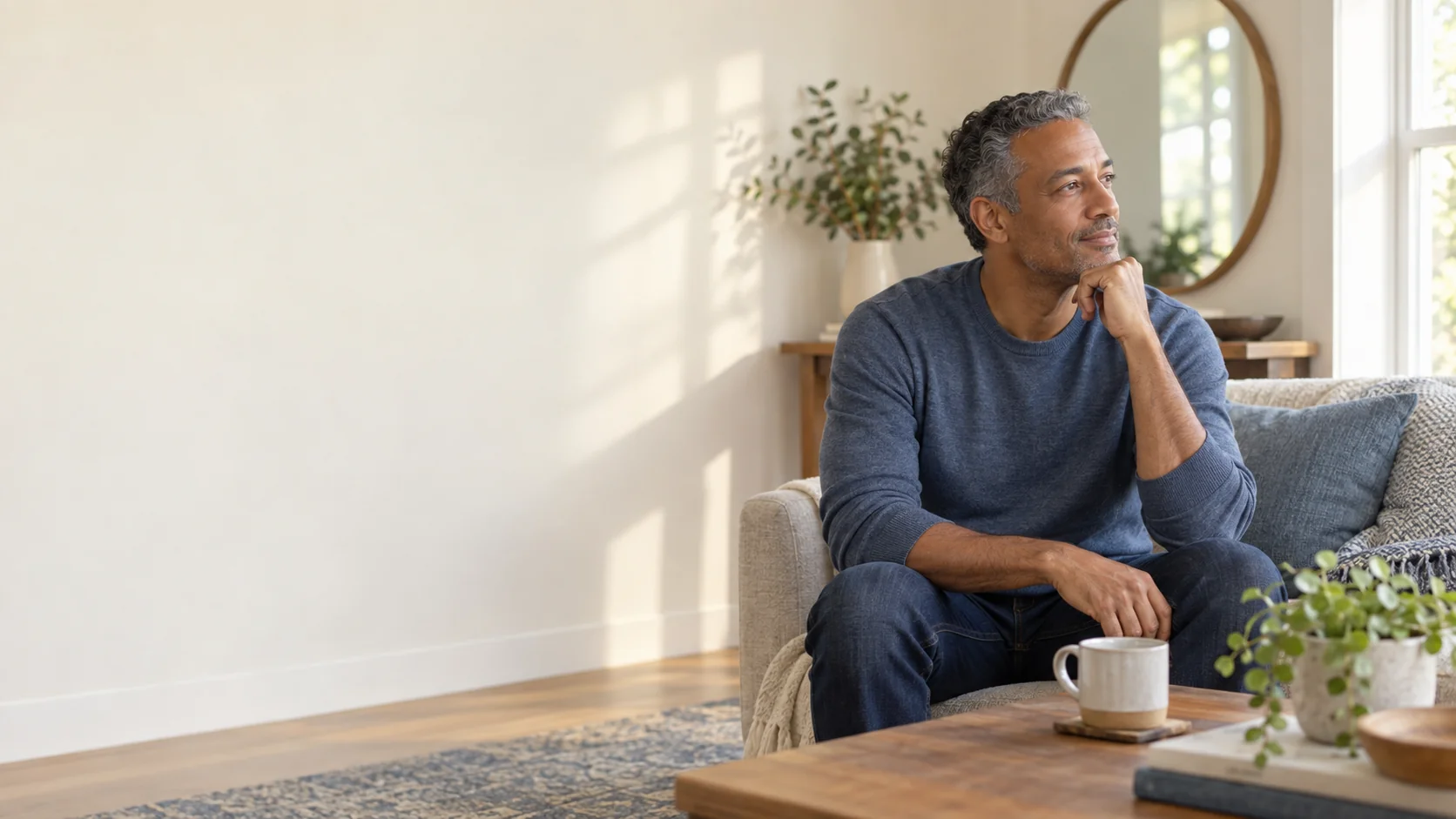 An adult reflecting in a quiet indoor setting.