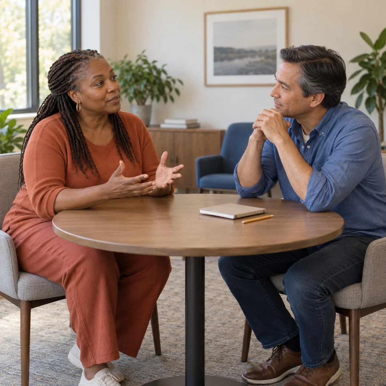 Two adults talking across a round table with a closed notebook and pencil between them.