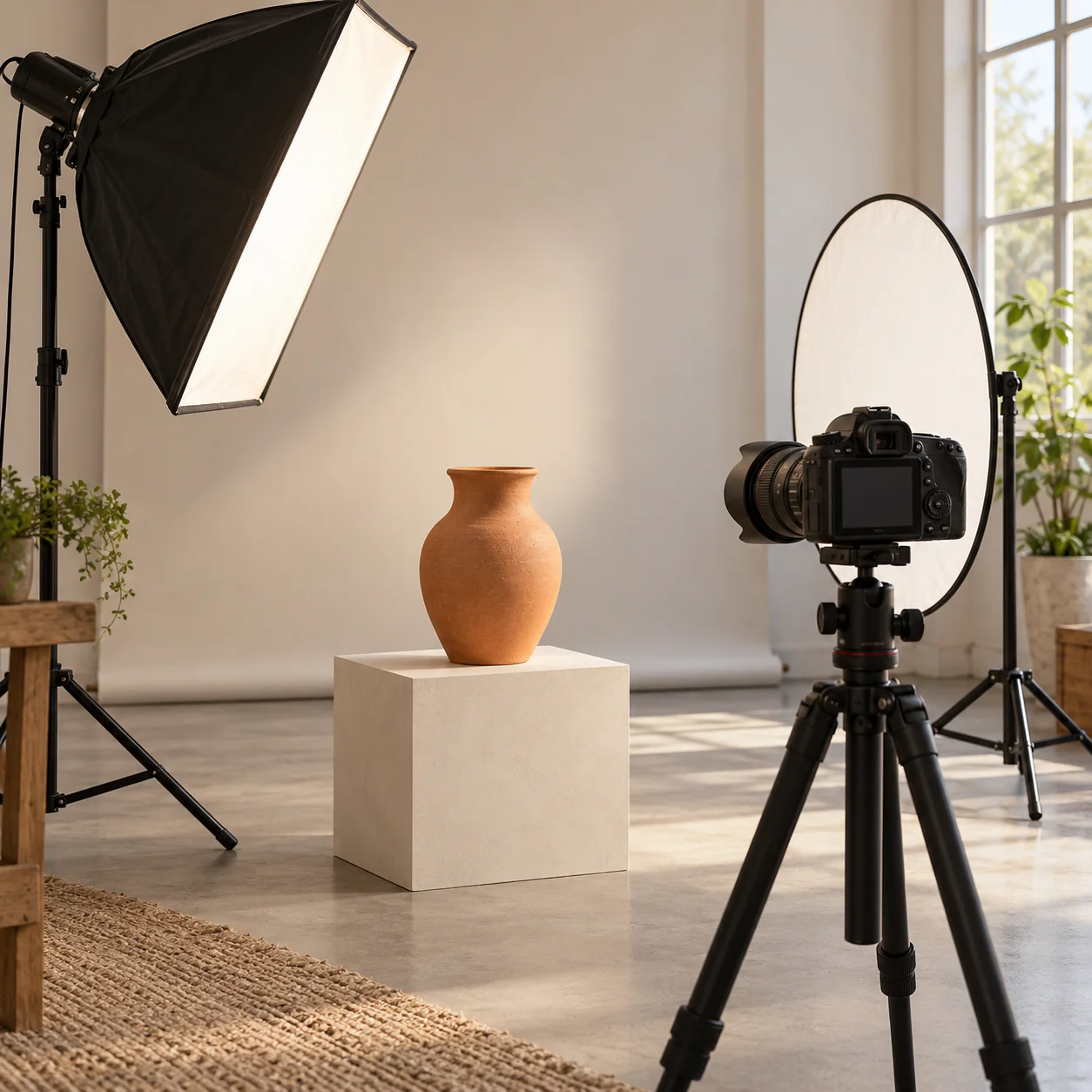 A terracotta vase on a plinth in a photo studio with a camera, softbox and reflector.