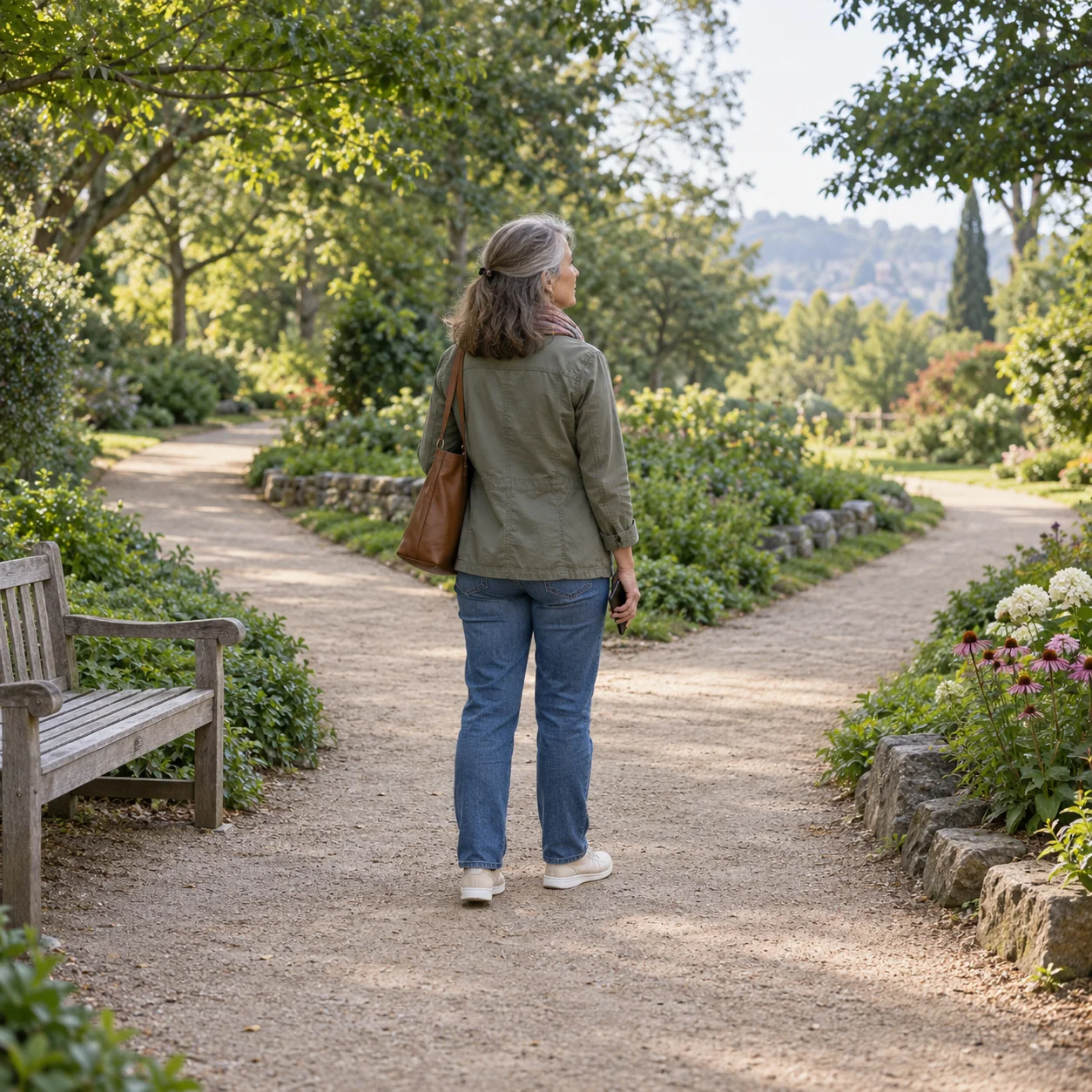 An adult standing before two garden paths, with an empty bench nearby and a phone held at her side.