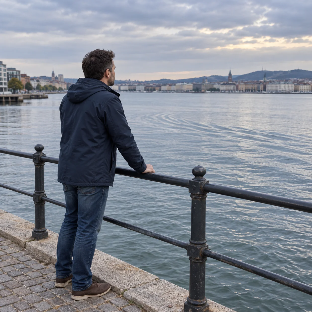 An adult in a navy jacket standing at a waterfront railing and looking over rippled water.
