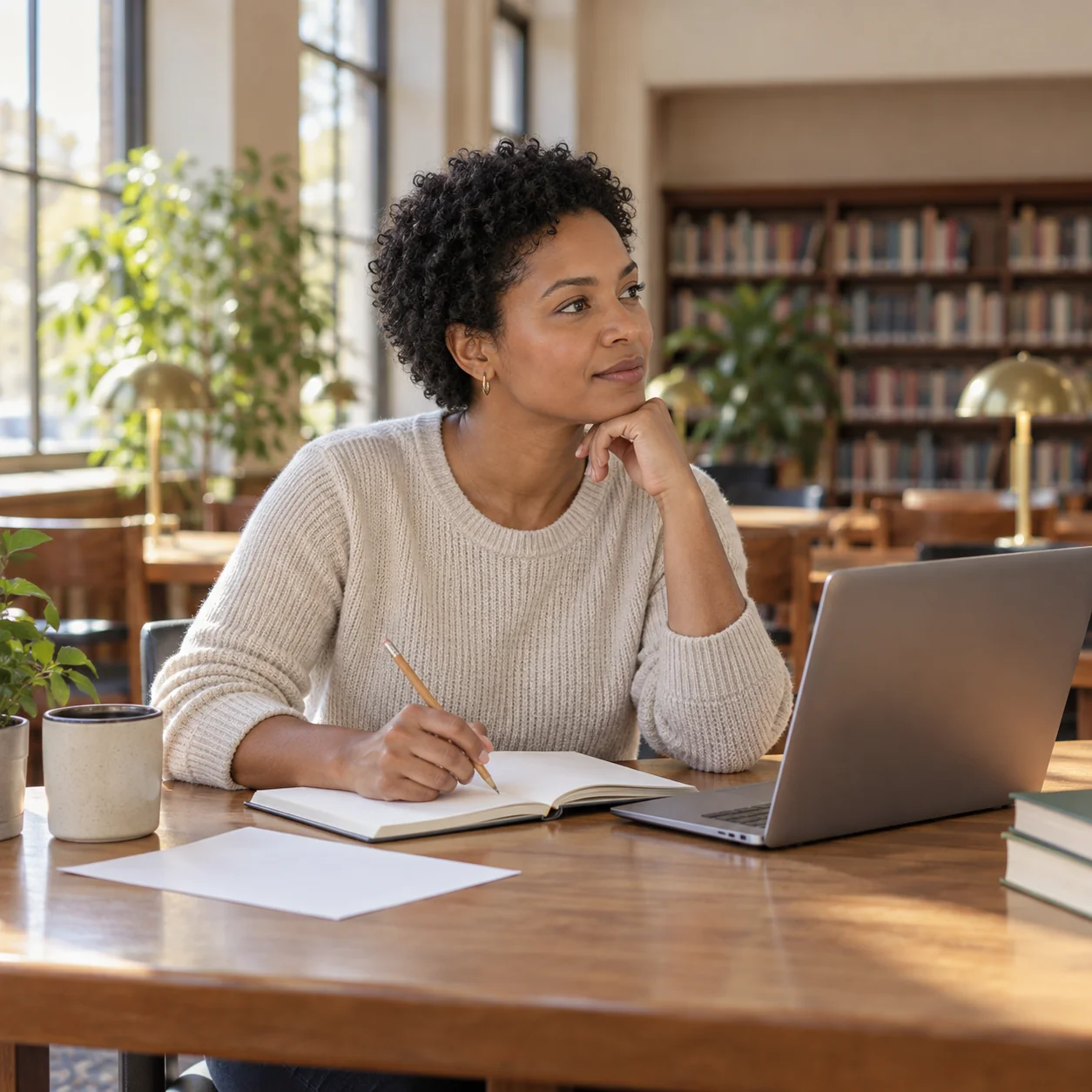 An adult studying at a reading-room desk with a pencil, open blank notebook and laptop turned away from view.