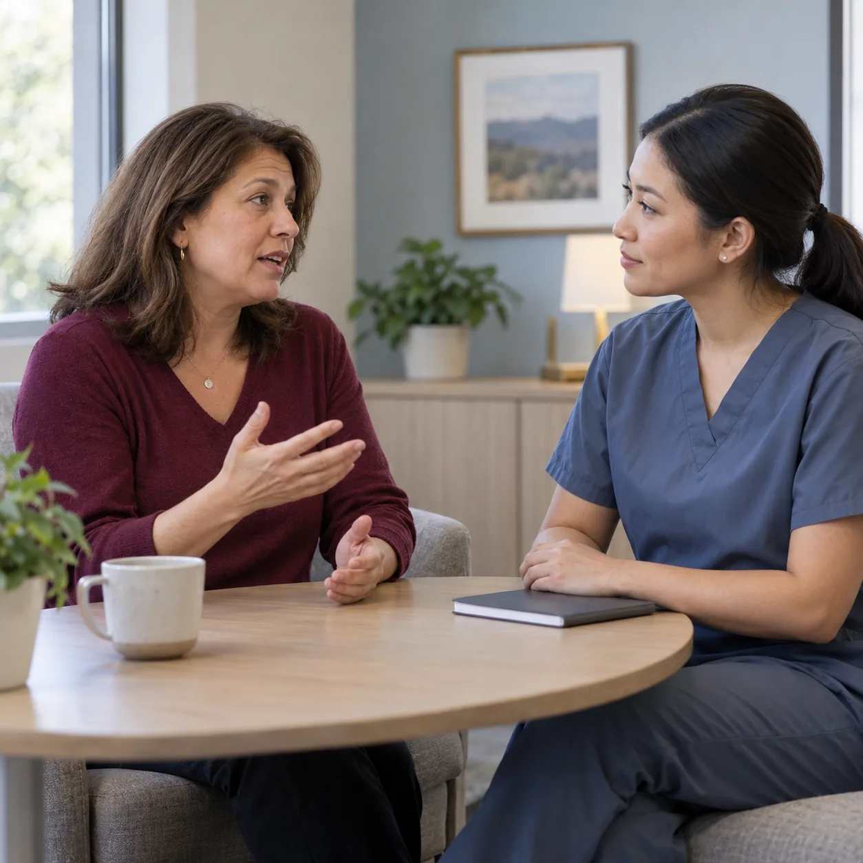 A fictional patient explains personal priorities while a clinician listens during a consultation.