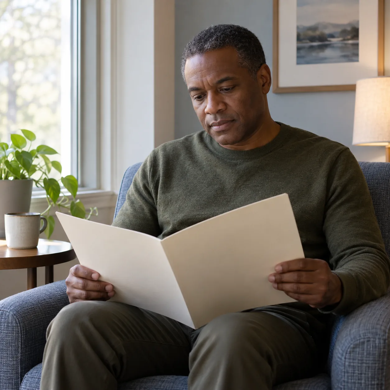 A fictional adult considers an open blank information folder in a quiet room.