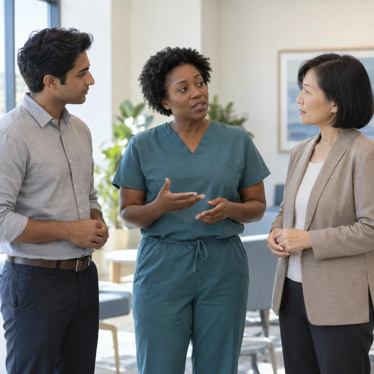 Three fictional care-team colleagues discuss a case in a bright meeting room.