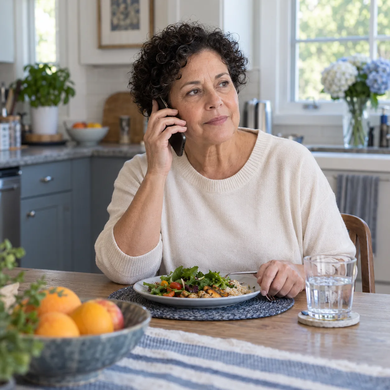 A fictional adult talks on the phone at home beside an ordinary meal.