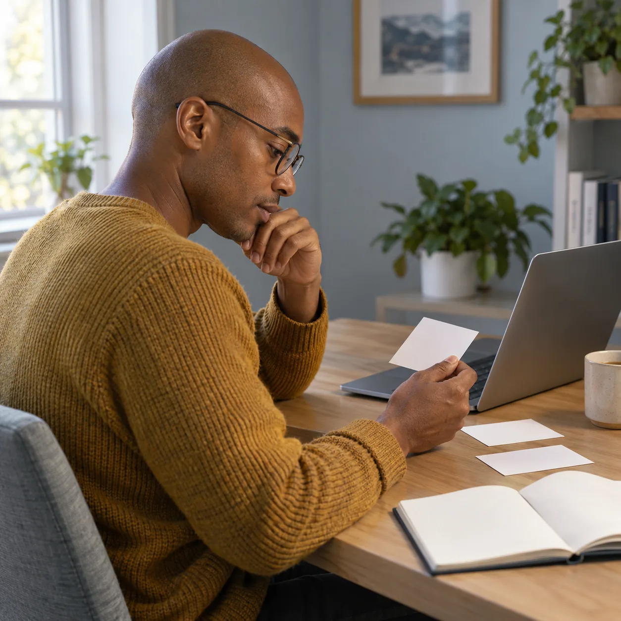 A fictional learner compares blank study cards beside a laptop in a quiet room.