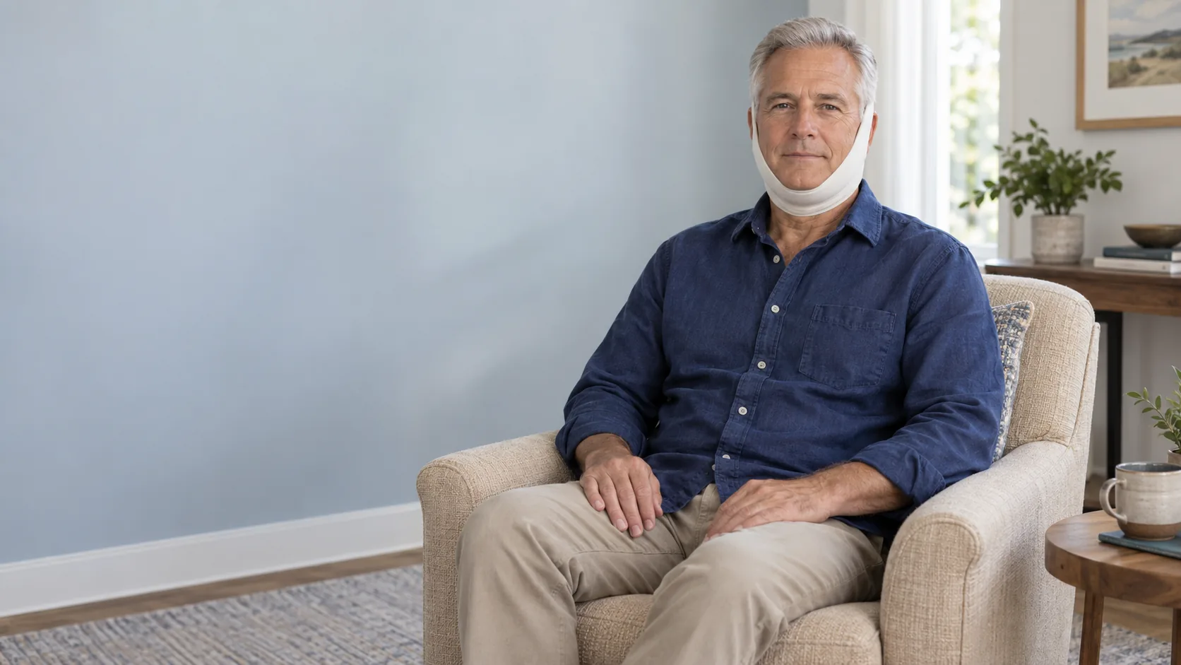 Fictional adults in a quiet seated scene or a phone conversation, with plain off-white fabric beside the lower face or beneath the chin; the fabric does not establish a clinical device or postoperative status.