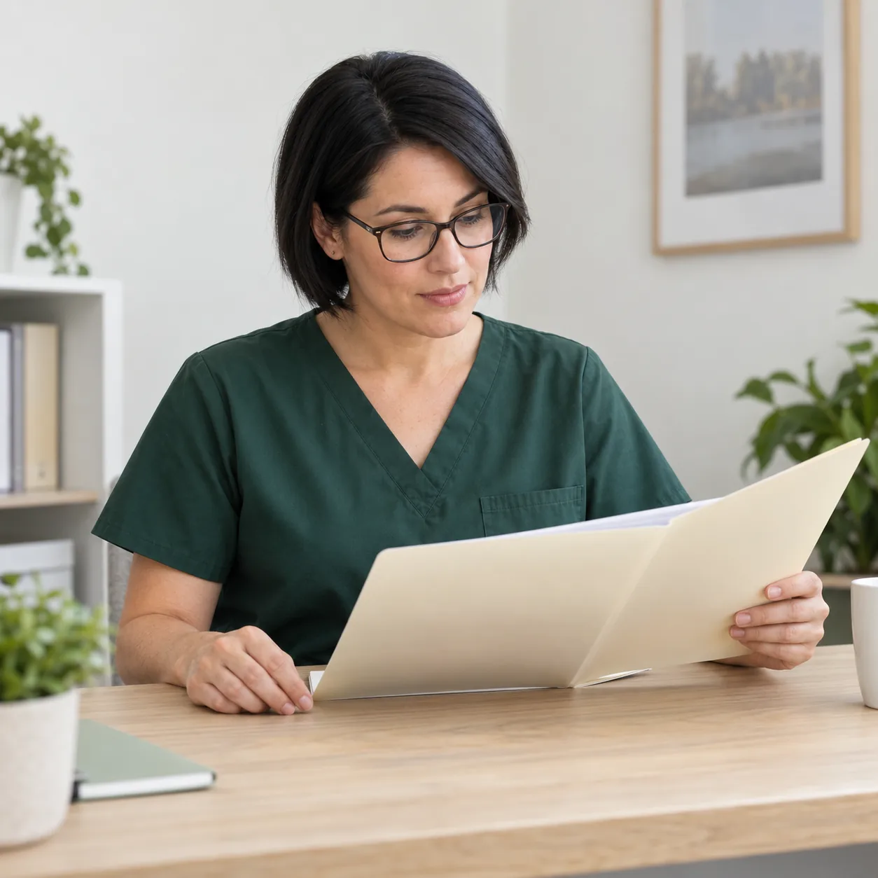 A fictional dark-haired woman in glasses and a forest-green tunic looks at indistinct papers in an open cream folder at a wooden desk, holding its edge with one hand while the other rests on the desk.