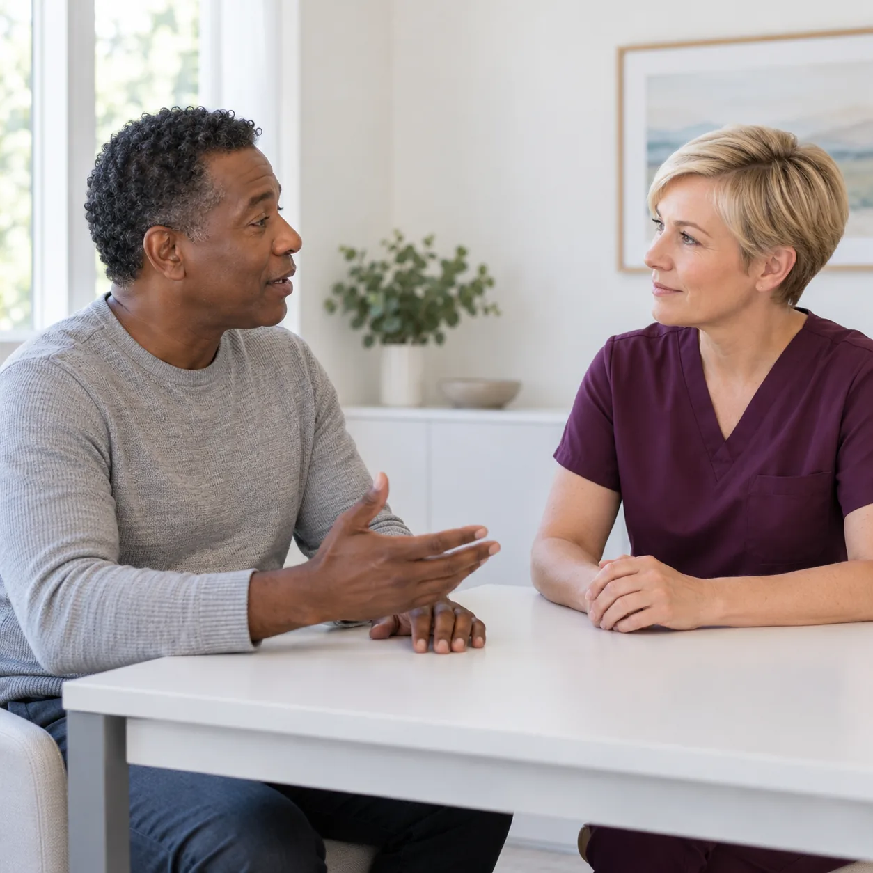 Two fictional adults talk across a white desk: a man in a gray knit shirt gestures with an open hand while a blonde woman in plum workwear listens with her hands clasped on the desk.