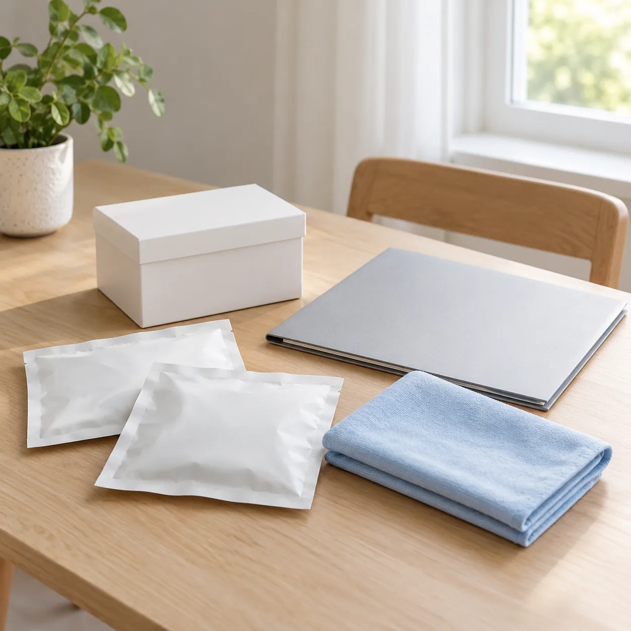 A white lidded box, two overlapping unmarked white pouches, a folded pale-blue cloth and a closed gray folder rest on a wooden table near a window.
