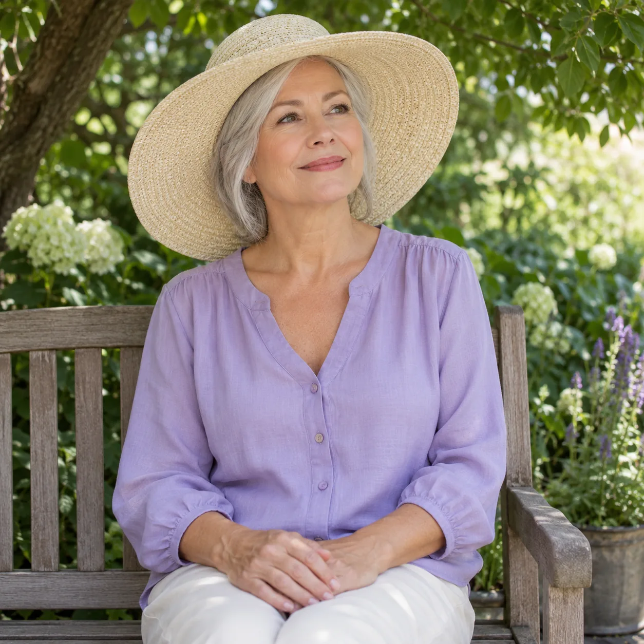 A fictional silver-haired woman in a cream wide-brimmed hat and lavender blouse sits on a wooden garden bench, with her hands resting together on her lap and foliage around her.