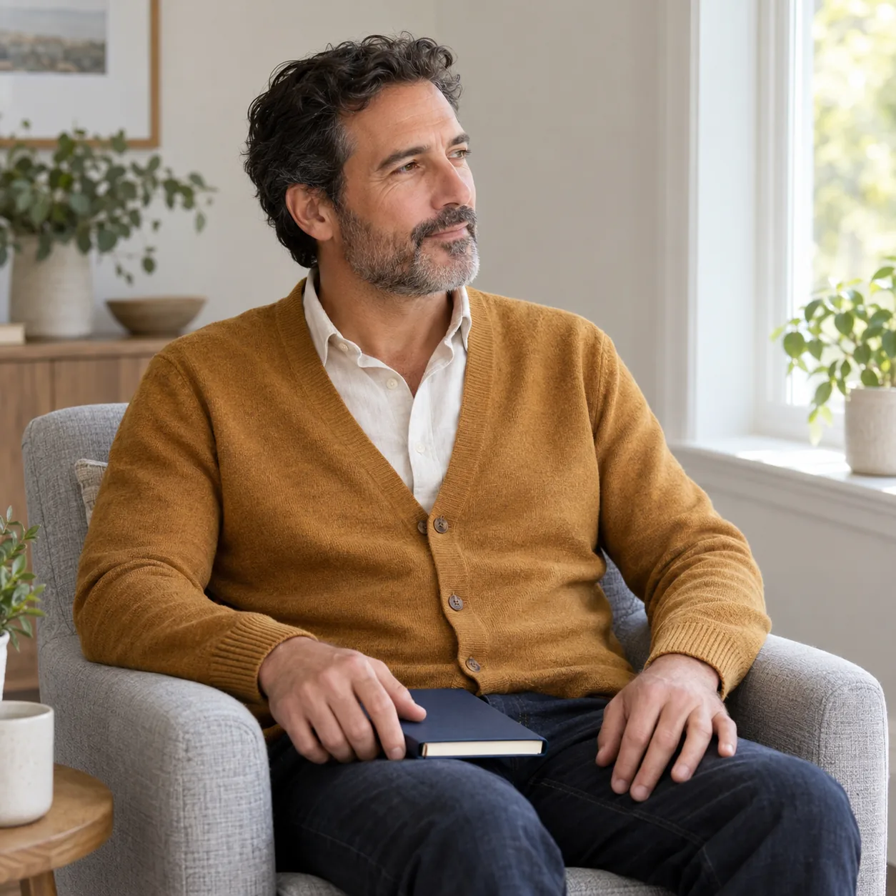 A fictional man with dark wavy hair and a graying beard sits in a gray armchair beside a window, wearing an ochre cardigan with a closed navy notebook on his lap and both hands resting nearby.