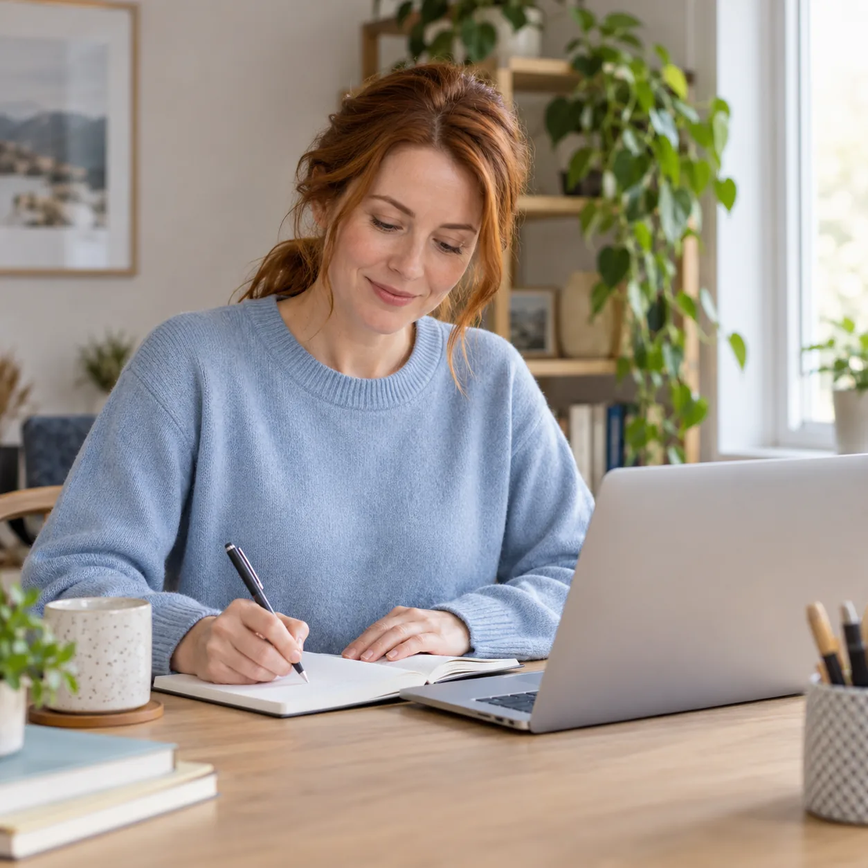 A fictional auburn-haired woman in a powder-blue sweater writes in a notebook at a wooden desk beside a partly framed open laptop, whose screen is hidden from view.