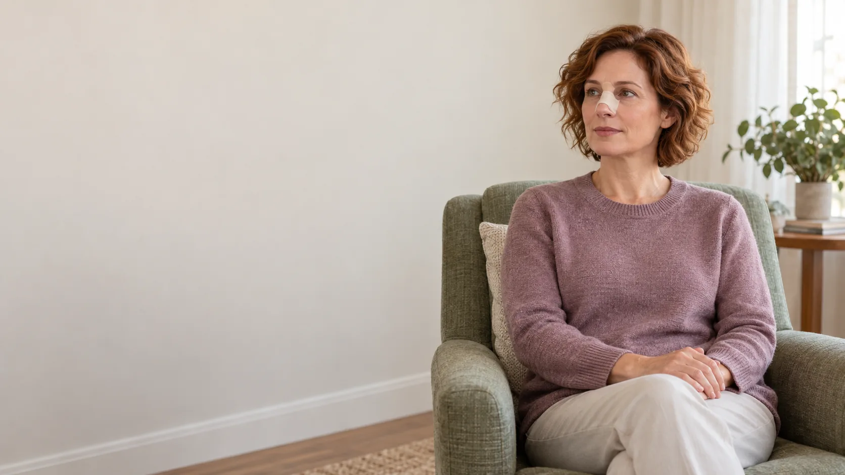 Fictional adults in a quiet seated scene or a phone conversation, with a small pale opaque cover over the bridge of the nose; the cover does not establish a clinical device or postoperative status.