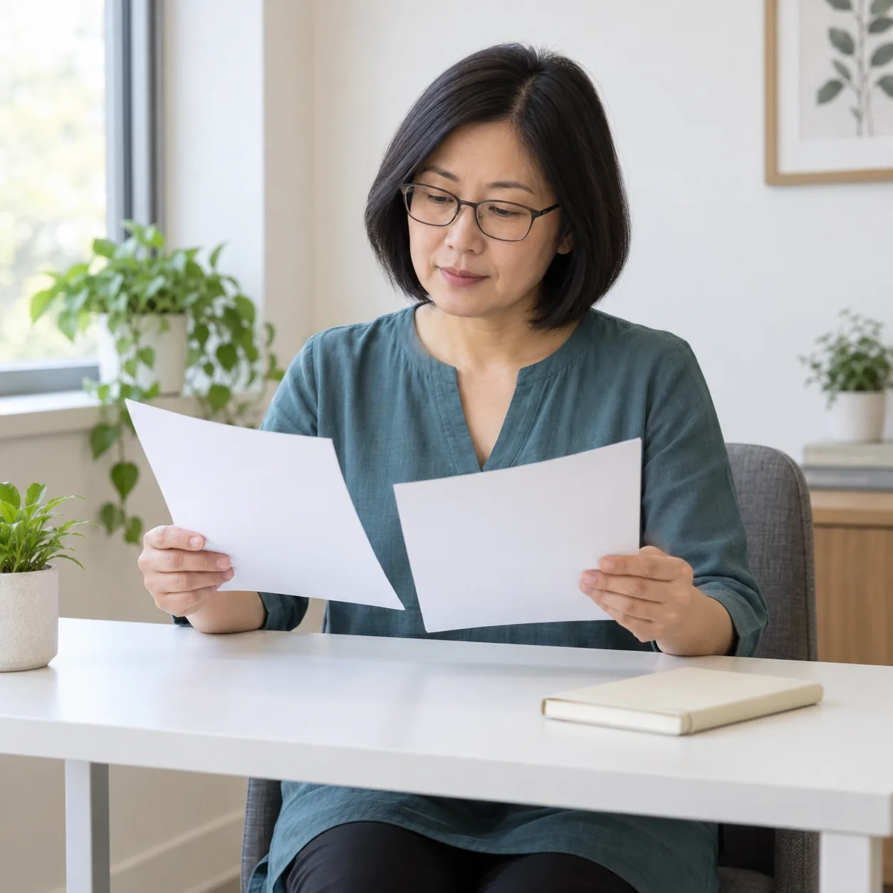 A fictional woman with a dark bob and glasses in a teal tunic looks at two loose paper sheets at a white desk, with a closed cream notebook beside her.