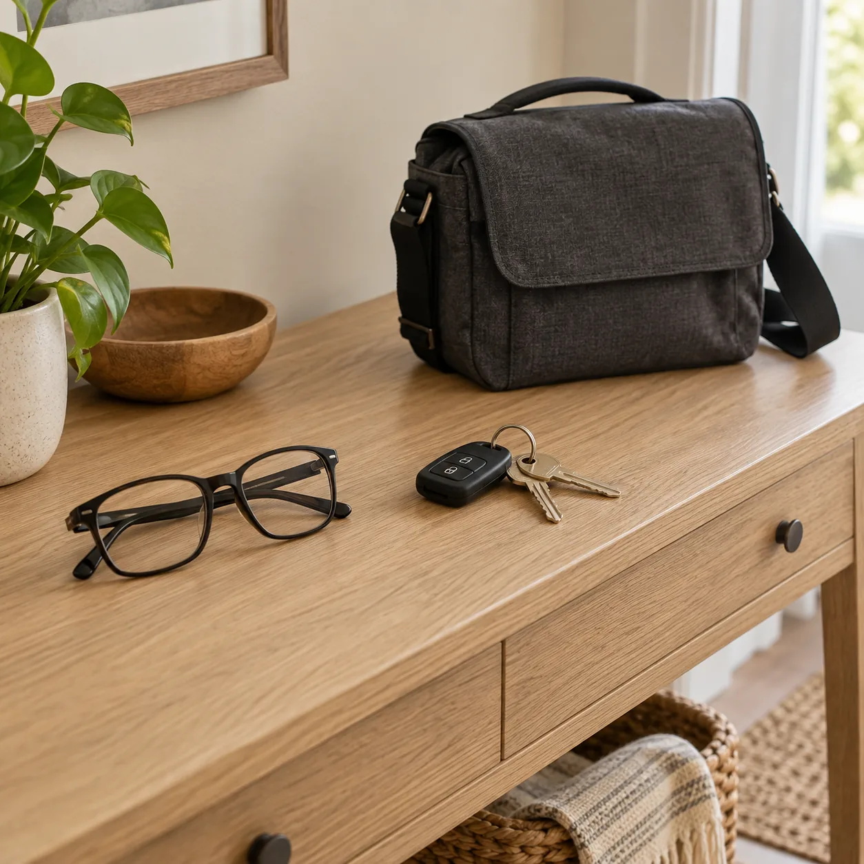 Folded dark-framed glasses, a key fob with two metal keys and a closed charcoal shoulder bag rest on an oak home console.