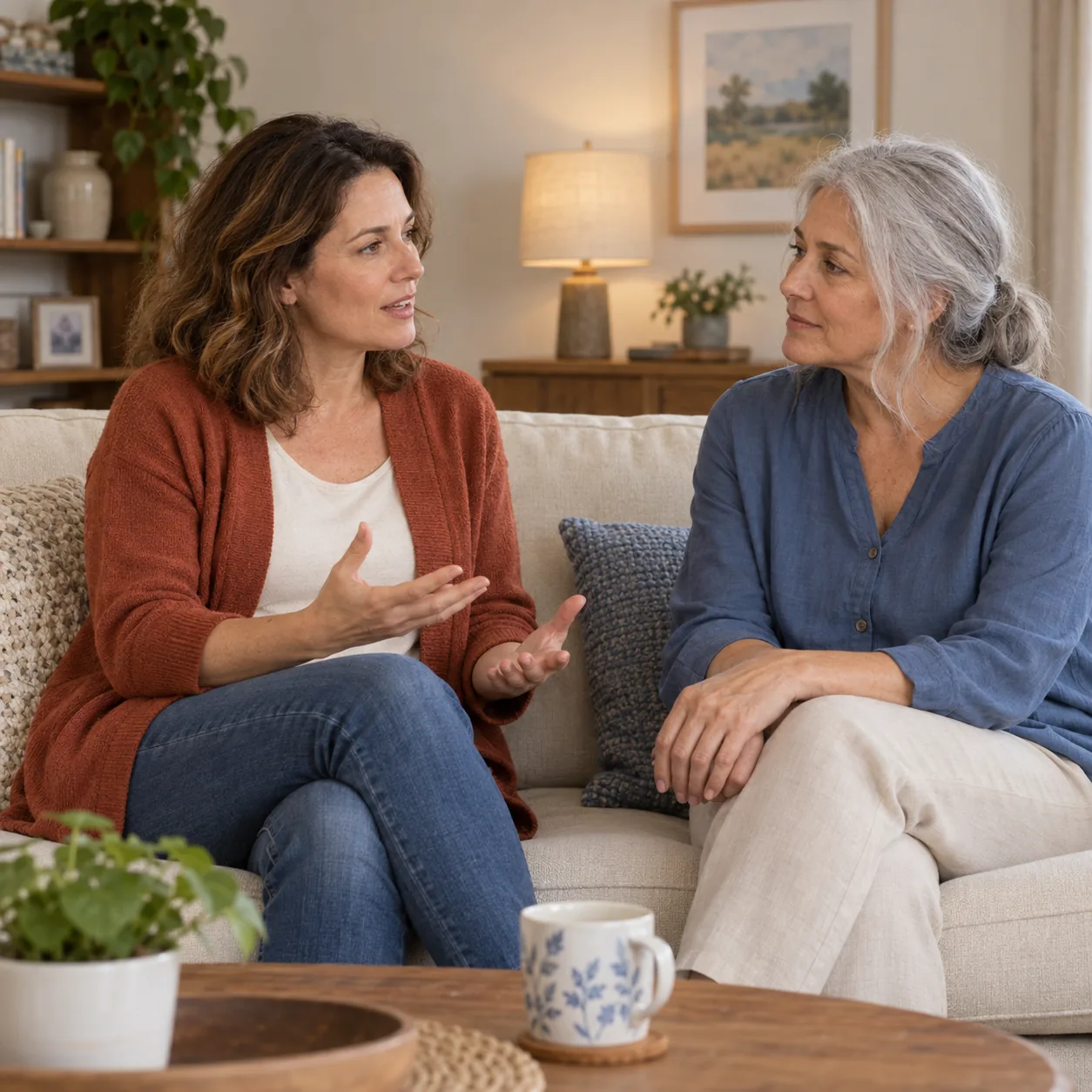 Two fictional women, one in a rust cardigan and one in a blue blouse, sit facing each other on a cream sofa; one gestures with open hands while the other listens.