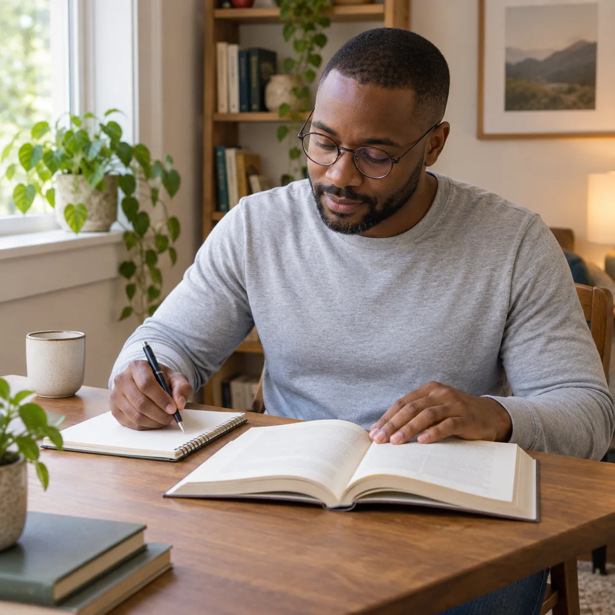A fictional man with glasses in a light-gray shirt makes personal notes in a spiral notebook beside an open book at a wooden home desk.