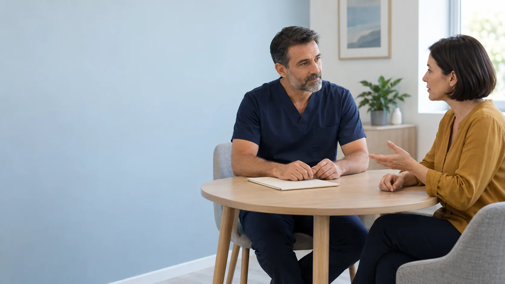 Fictional adults in an in-person conversation or a phone conversation; the scenes establish no clinical assessment, consent or outcome.