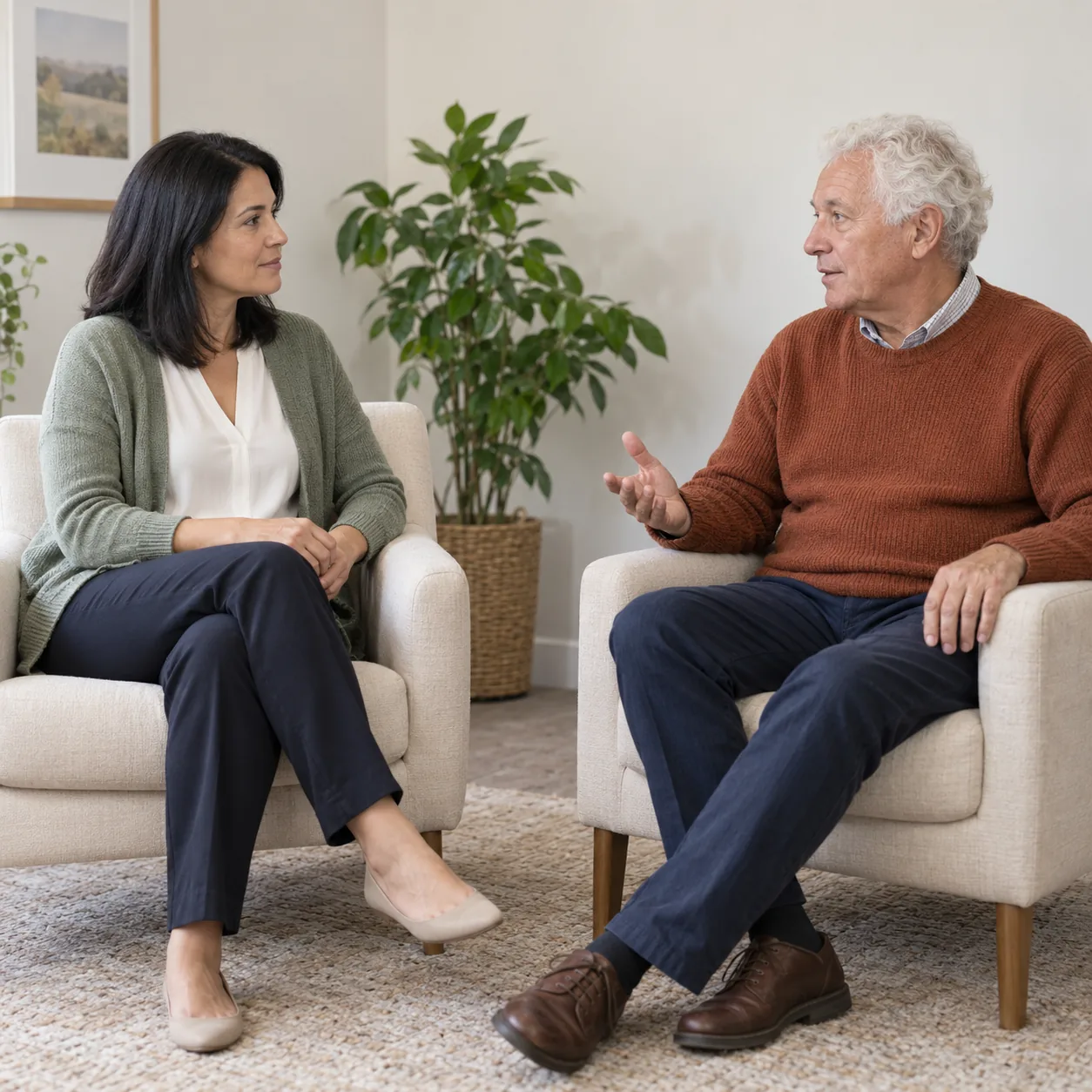 Two fictional adults converse in cream chairs: a dark-haired woman in a sage cardigan faces an older white-haired man in a terracotta sweater making an open-hand gesture.