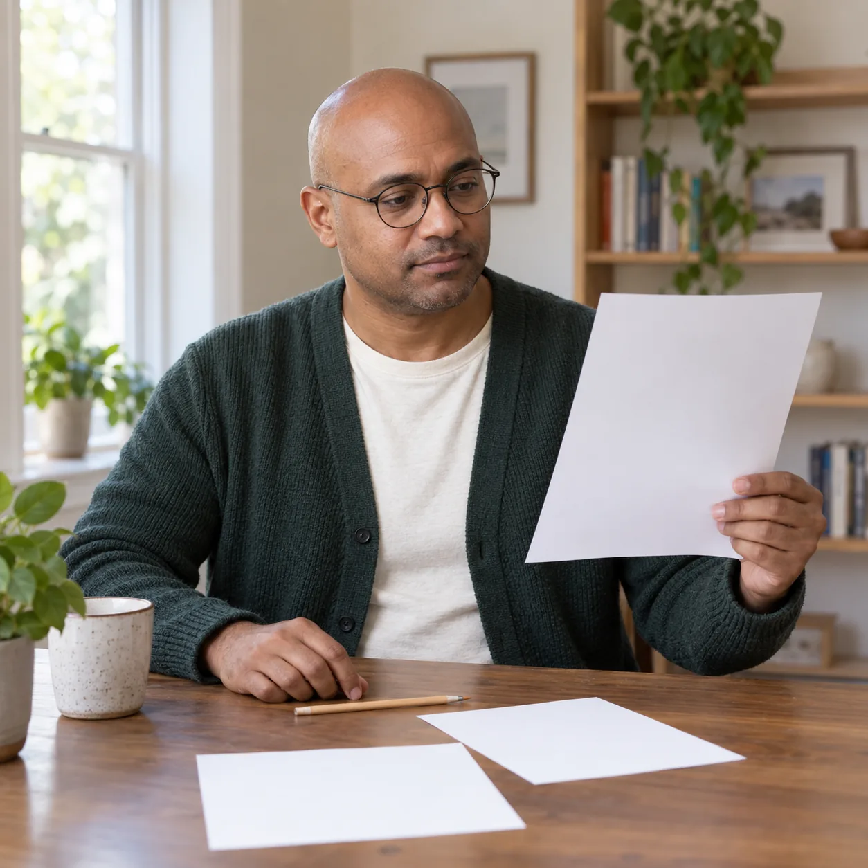 A fictional man in round glasses and a green cardigan looks toward an unmarked sheet held in one hand at a wooden desk, with his other hand resting near a pencil.