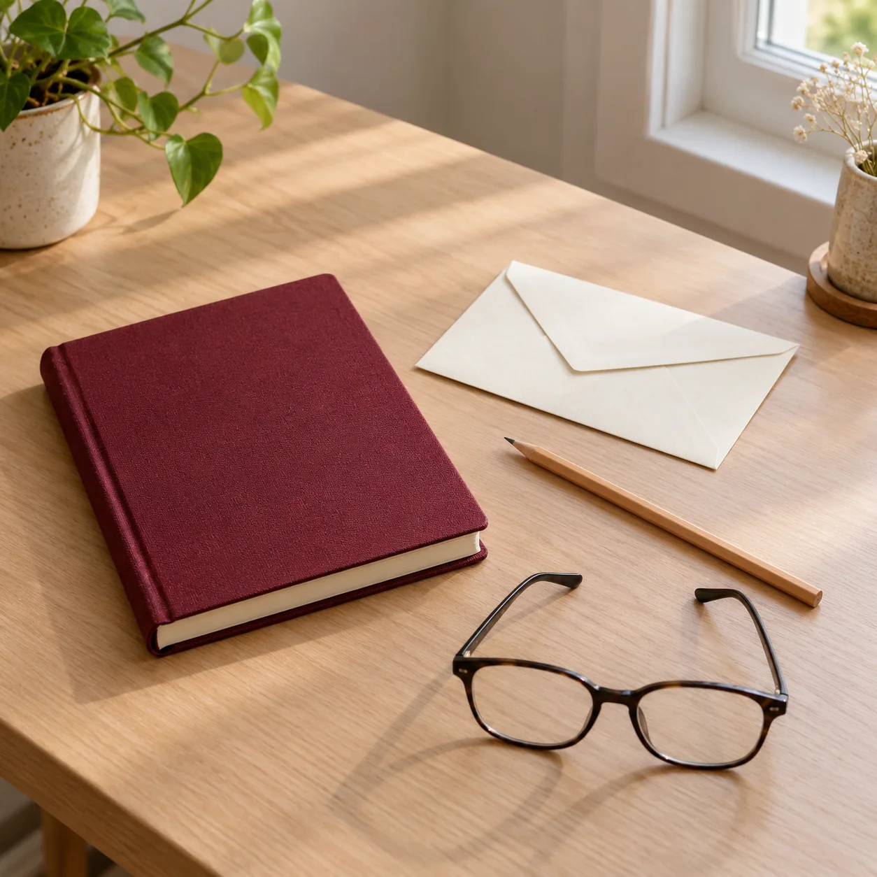 A closed burgundy notebook, plain cream envelope, wooden pencil and dark-framed glasses with open temples rest on a wooden table beside a window.