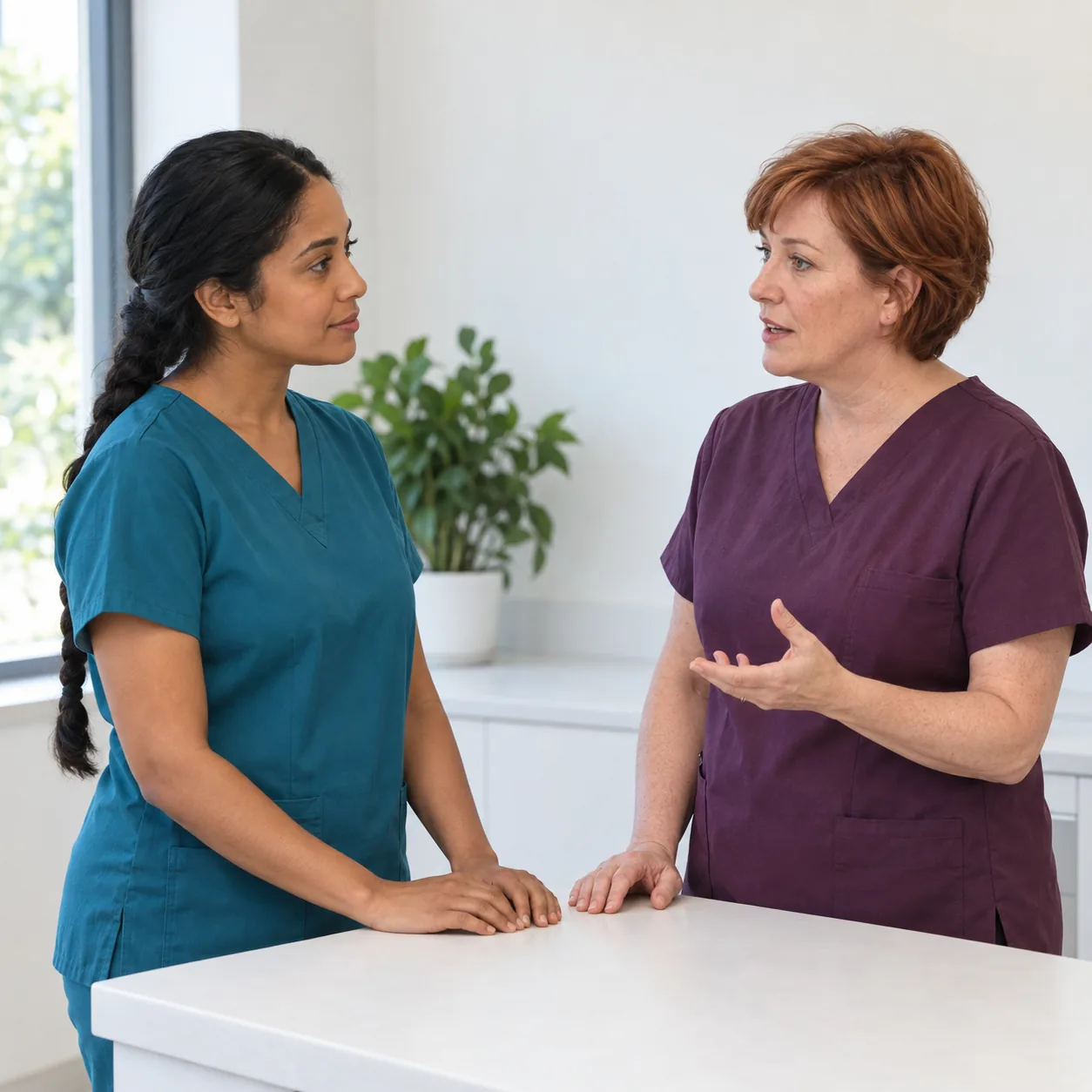 Two fictional women in plain teal and plum workwear converse beside a white counter; the auburn-haired woman makes an open-hand gesture.