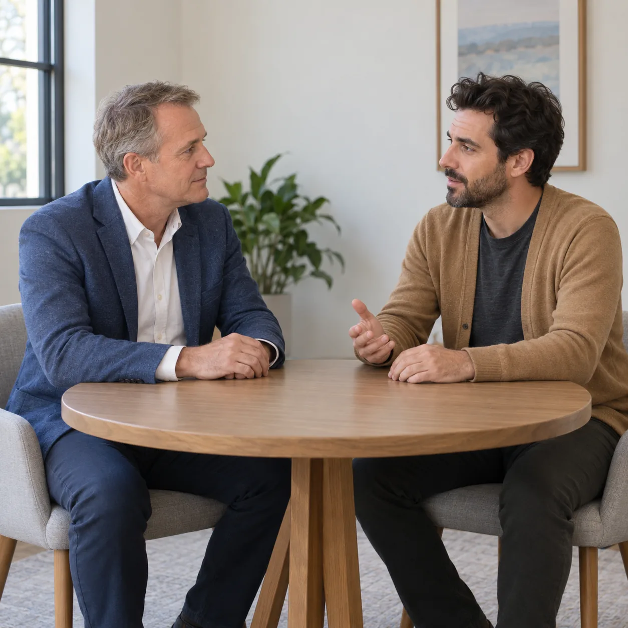 Two fictional men in a blue blazer and camel cardigan converse across a round wooden table; the bearded man makes an open-hand gesture.