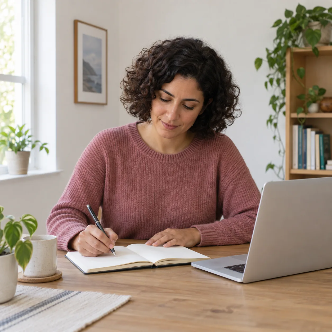 A fictional woman in a dusty-rose sweater holds a pen at an open notebook beside a partly framed silver laptop whose display is hidden.
