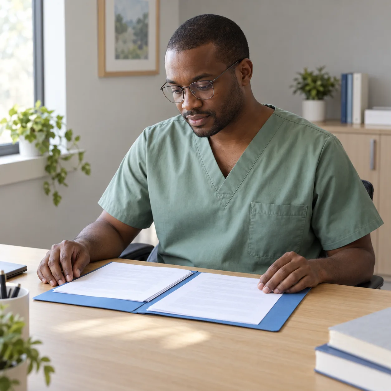 A man in sage-green scrubs and glasses looks at papers in an open blue folder on a wooden desk.