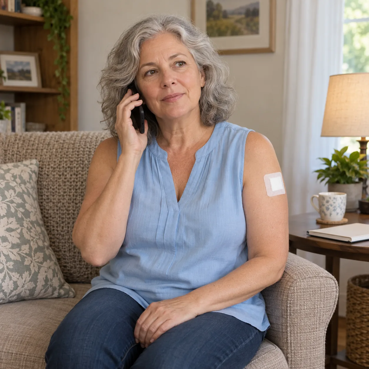 A gray-haired woman in a light-blue sleeveless blouse holds a phone to her ear, with a small white dressing on one upper arm.