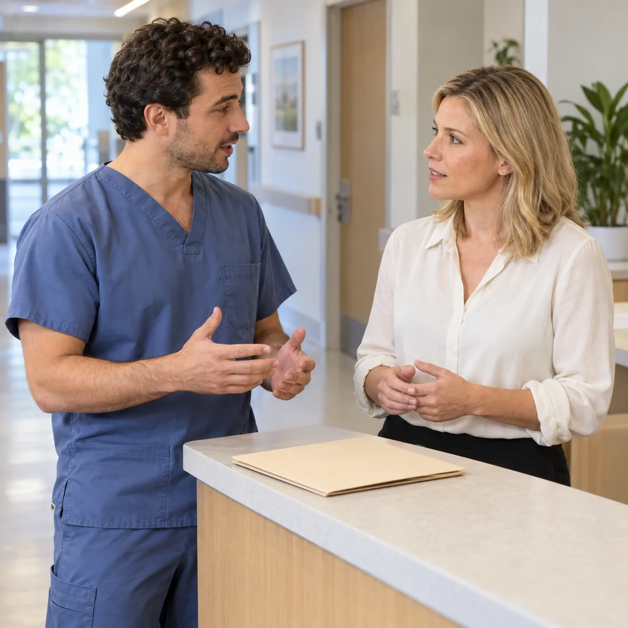 A man in slate-blue scrubs and a blonde woman in an ivory blouse converse beside a closed beige folder on a counter.