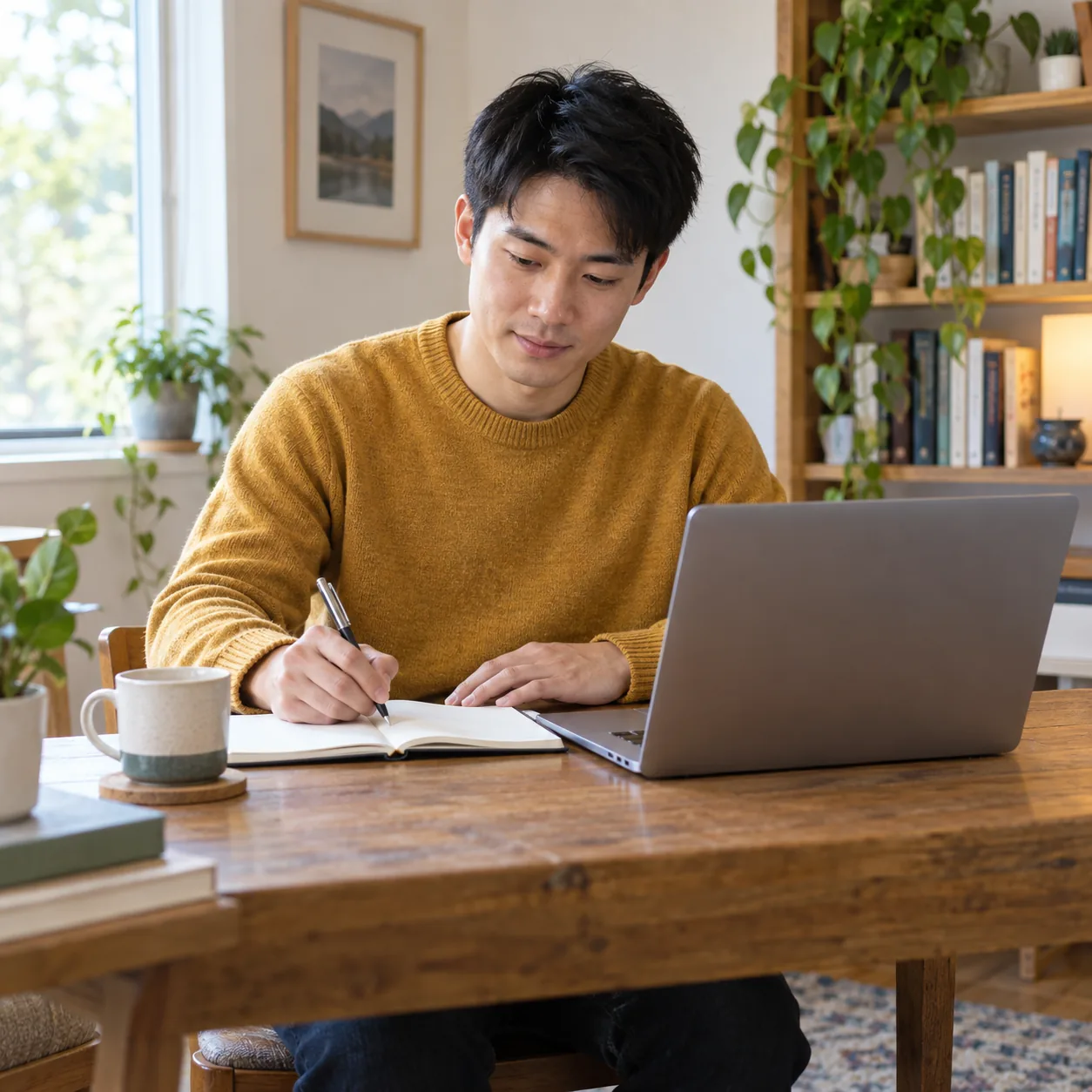 A man in a mustard sweater writes in a notebook beside an open laptop, with the back of its lid facing the viewer.