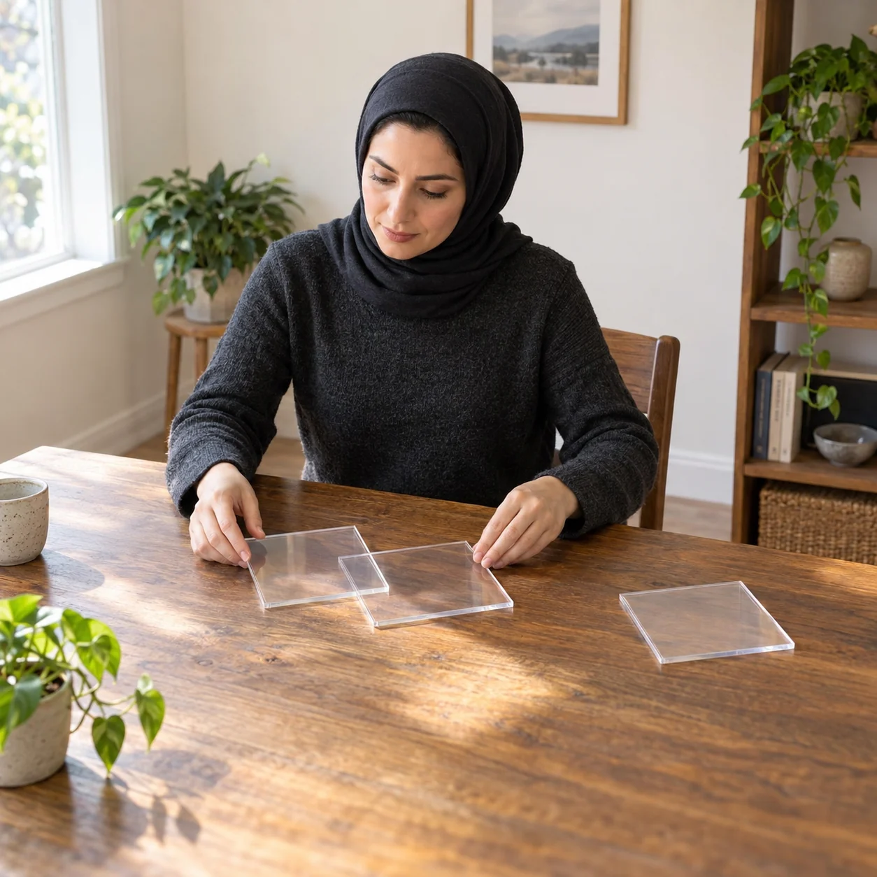 A woman in a dark headscarf aligns two blank translucent panels on a wooden table, with a third panel set apart.