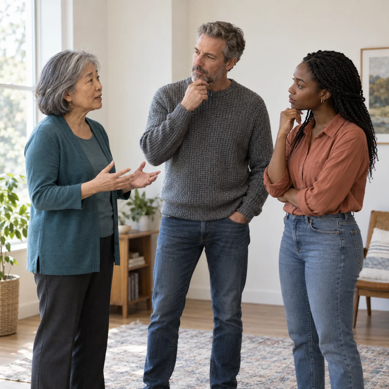 Three adults stand in a bright room; the woman at left gestures while the other two listen.