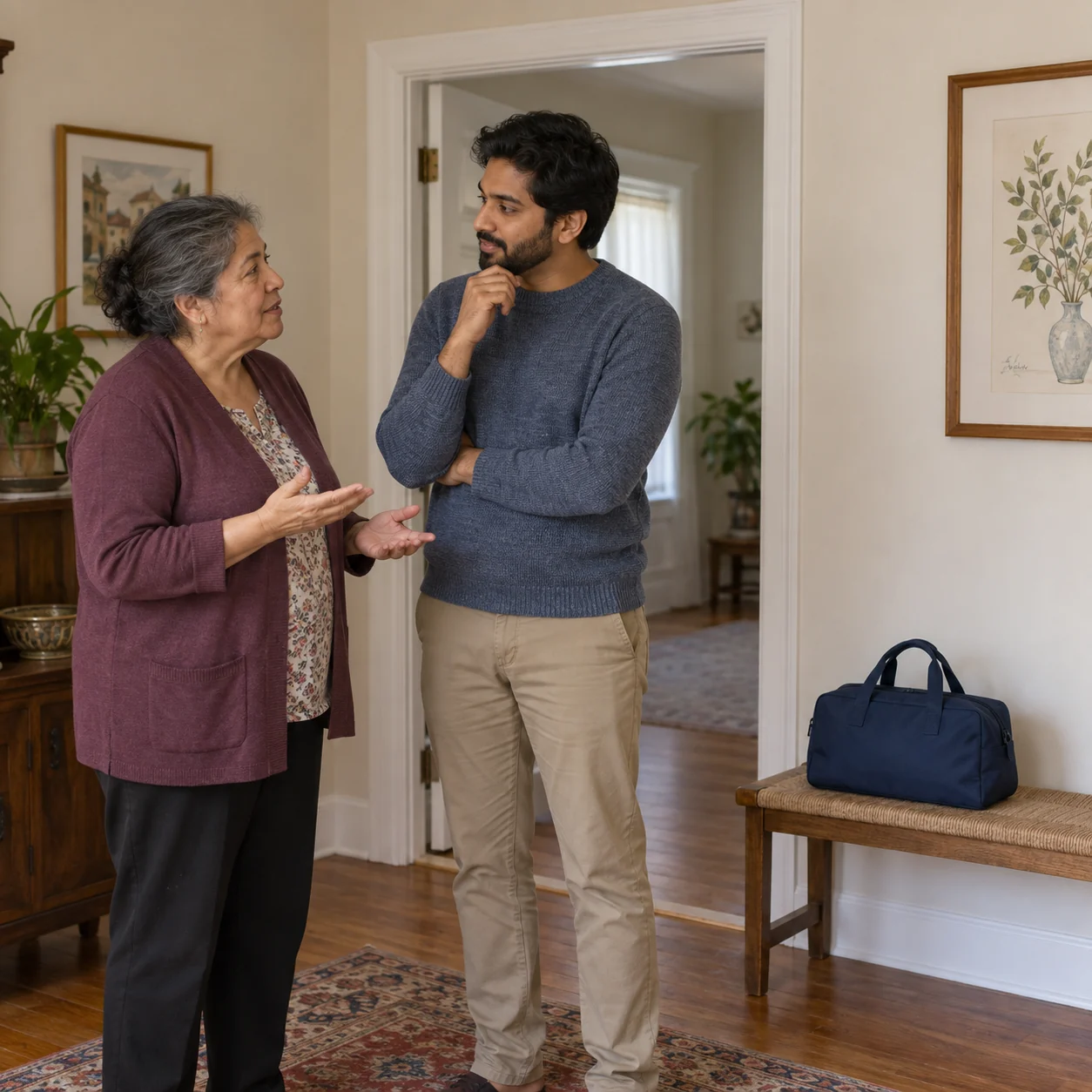 An older woman gestures while speaking with a man beside an open doorway; a closed navy bag rests on a bench.