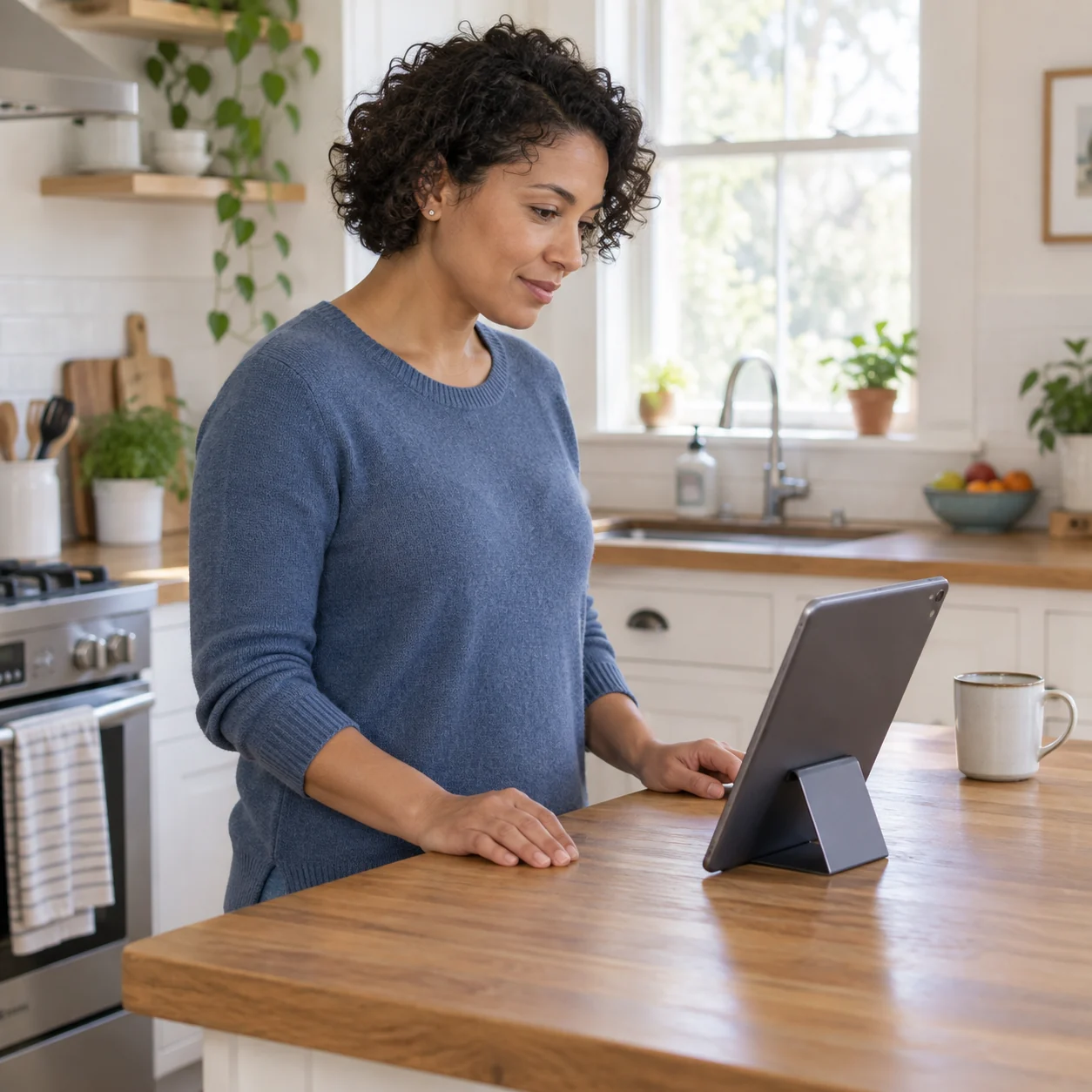 A woman in a blue sweater stands at a kitchen counter with a tablet on a stand; only its back is visible, with a mug nearby.