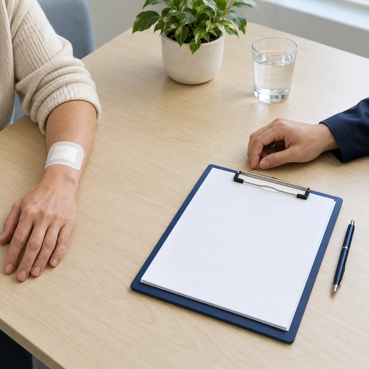 A covered forearm beside a blank clipboard during a conversation at a table.