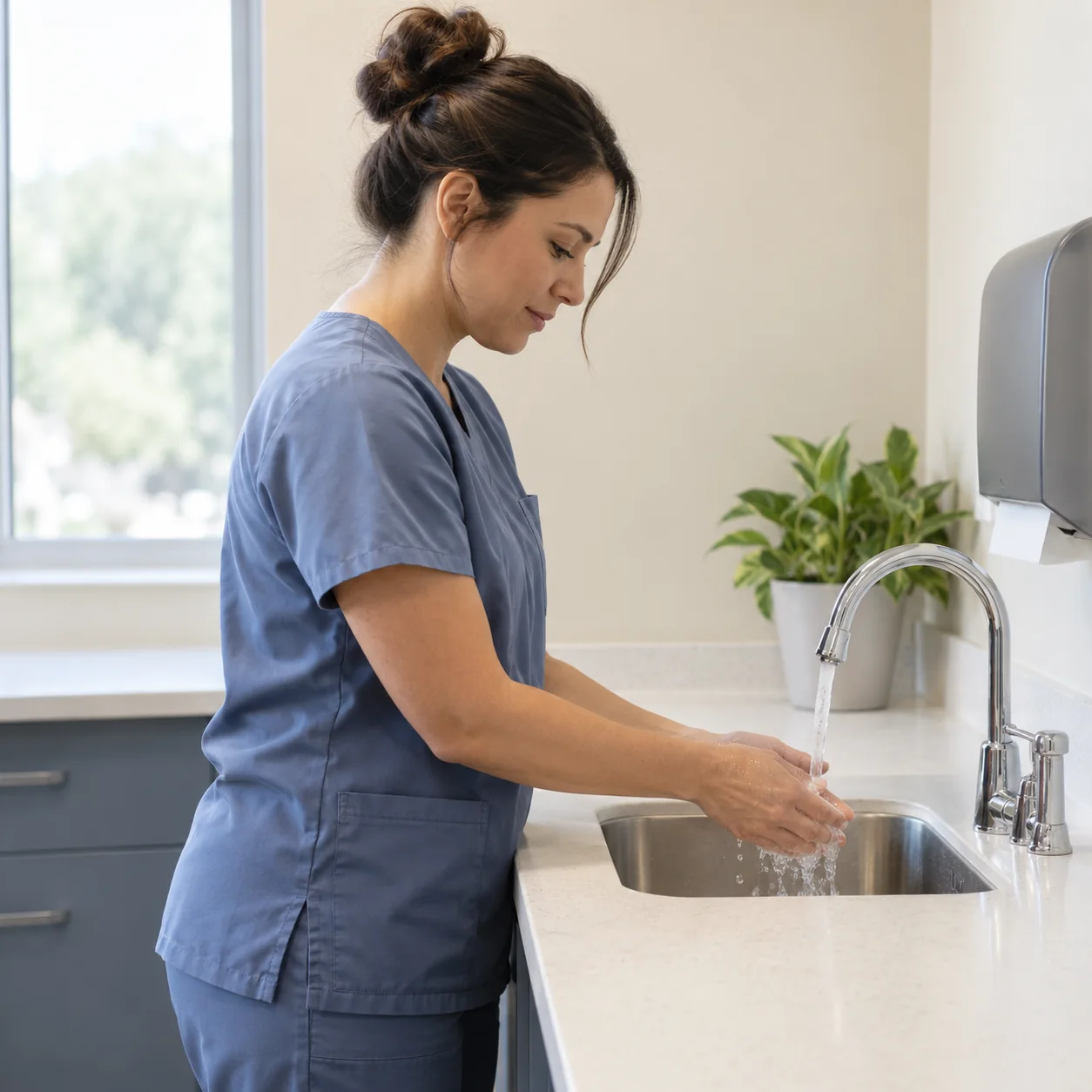 A clinician in blue scrubs washes their hands at a clinic sink.