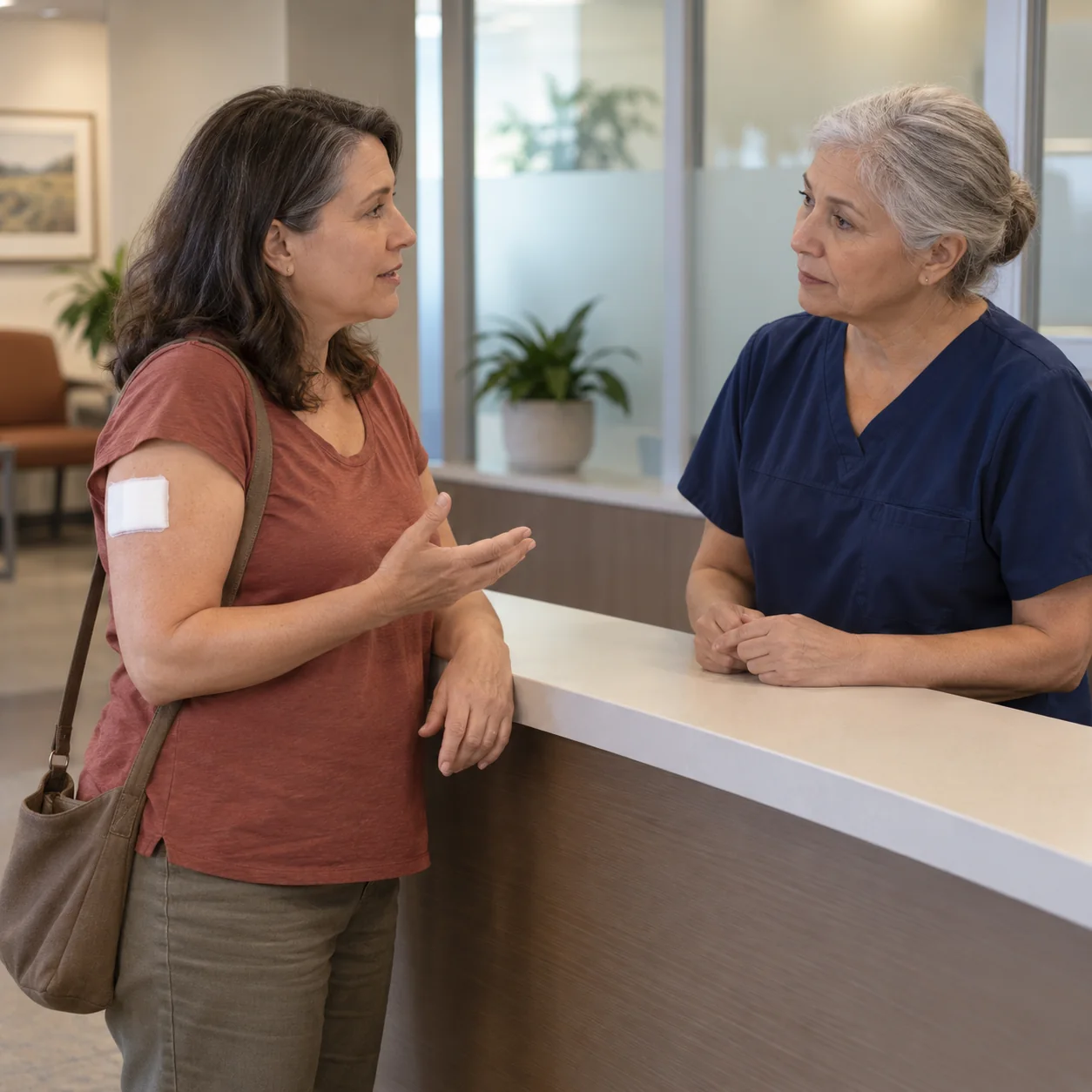 An adult with a covered upper-arm dressing speaks with a staff member across a clinic counter.