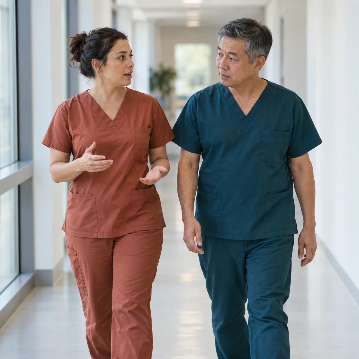 Two fictional clinicians in scrubs converse while walking through a bright clinic corridor.