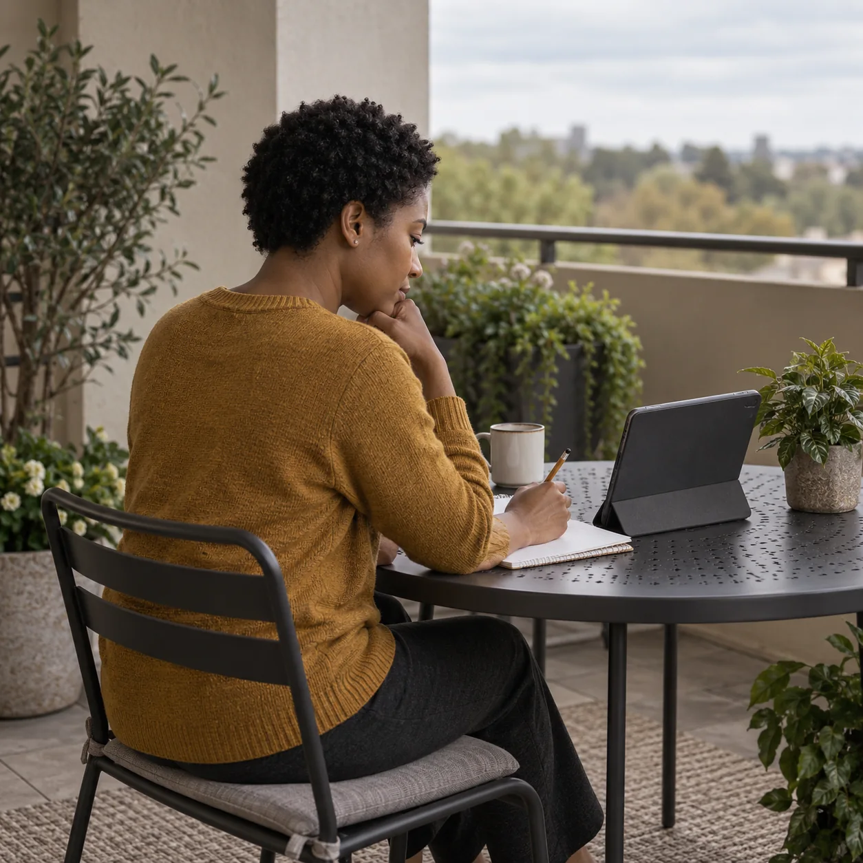 Adult learner taking notes beside a tablet on a terrace.