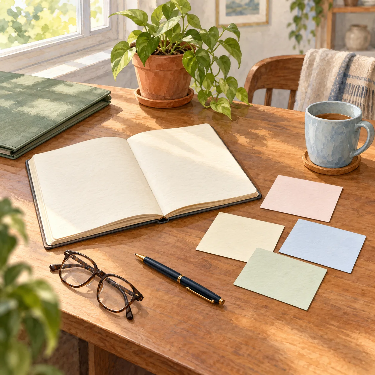 An open blank notebook, four pale cards, a pen and brown glasses sit on a sunlit wooden desk beside a blue mug and potted plant.