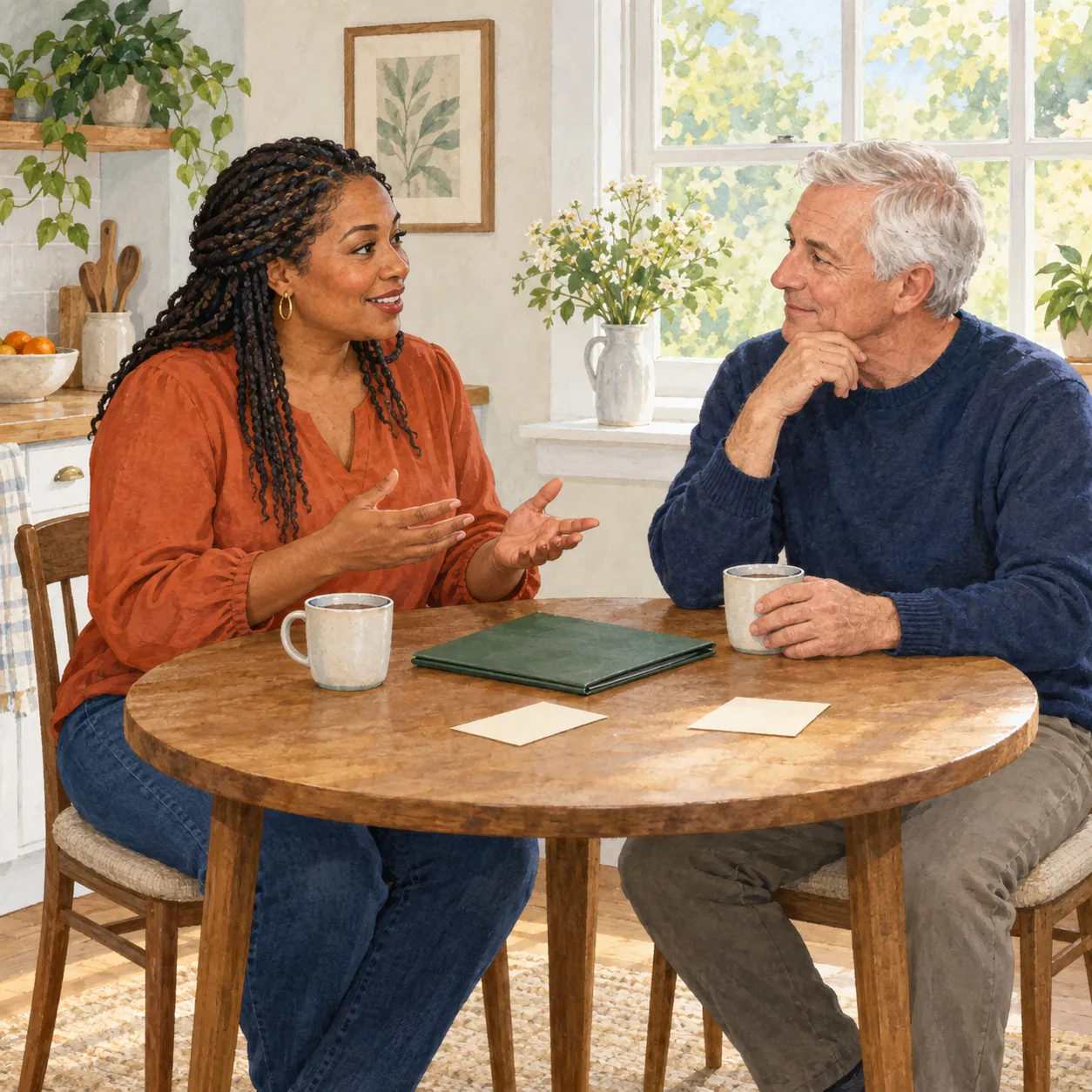 Two adults in an orange blouse and navy sweater converse across a wooden kitchen table with two mugs, a green folder and two blank cards.
