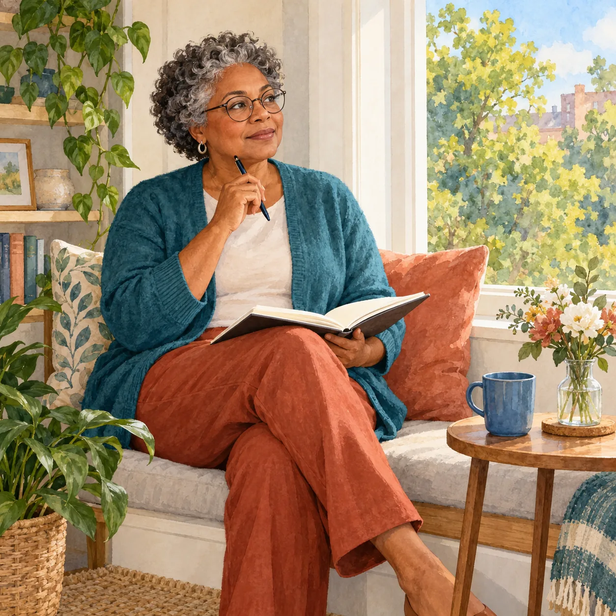 A woman in a teal cardigan and rust trousers holds an open book and a pen beside a bright window, with a blue mug, flowers and leafy plants nearby.