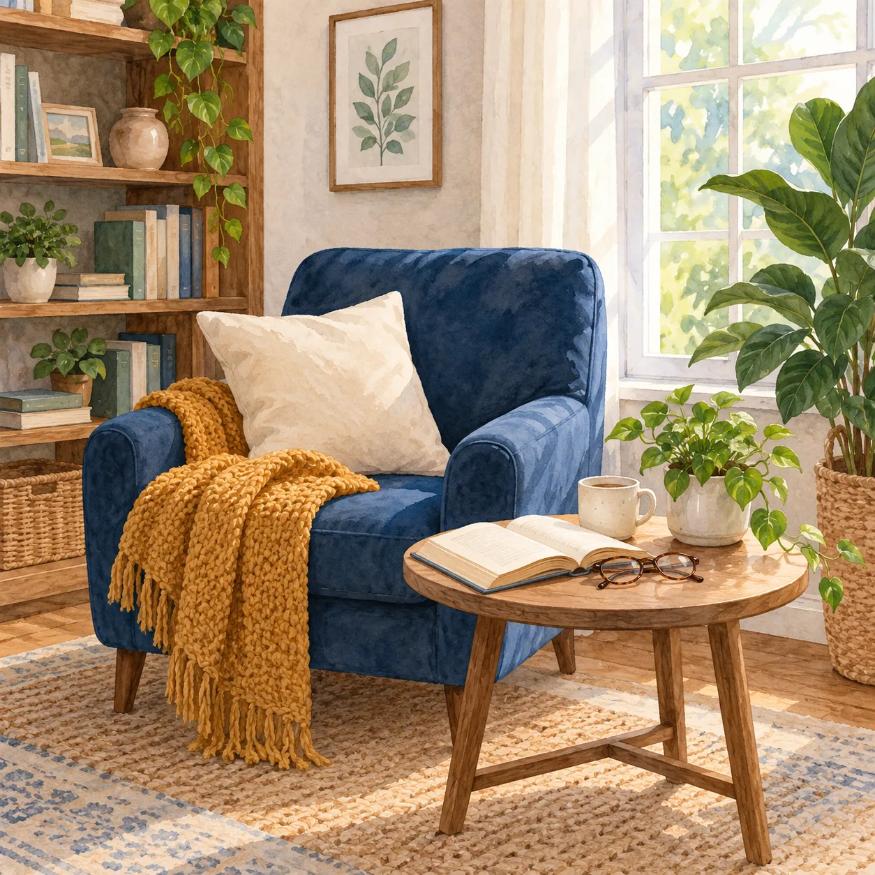 An empty blue armchair with a cream cushion and ochre throw sits beside a wooden table holding an open book, glasses, a mug and a leafy plant.