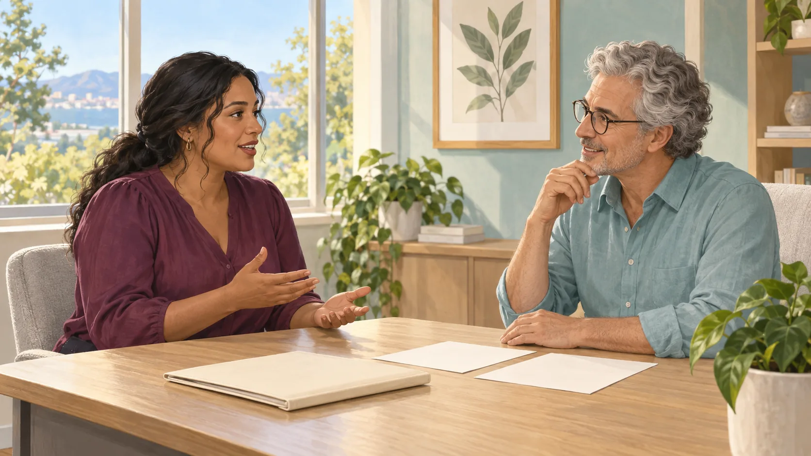 Desktop illustration: Two adults talk across a wooden desk beside a bright window, with a closed cream folder and two blank sheets. Mobile illustration: A woman with short copper curls holds a pen beside an open blank notebook at a round wooden table near a bright window.